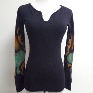 CO2  Black blue gold 100% cashmere graphic henley sweater S flame intarsia
